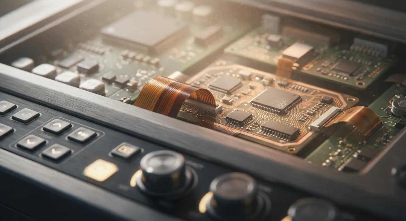 Vue détaillée des composants électroniques et du câblage de l'écran d'un poêle à granulés.