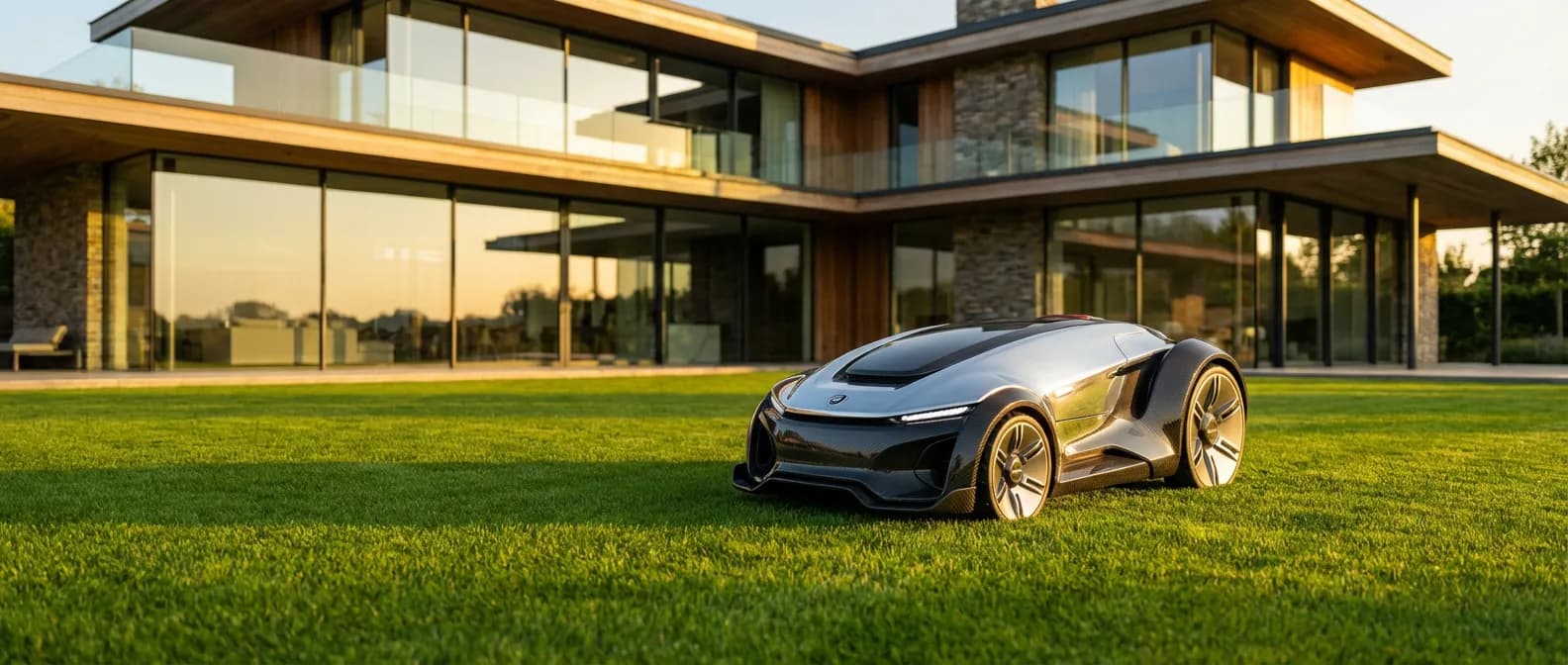 Tondeuse Progreen haut de gamme sur une pelouse parfaite au coucher du soleil