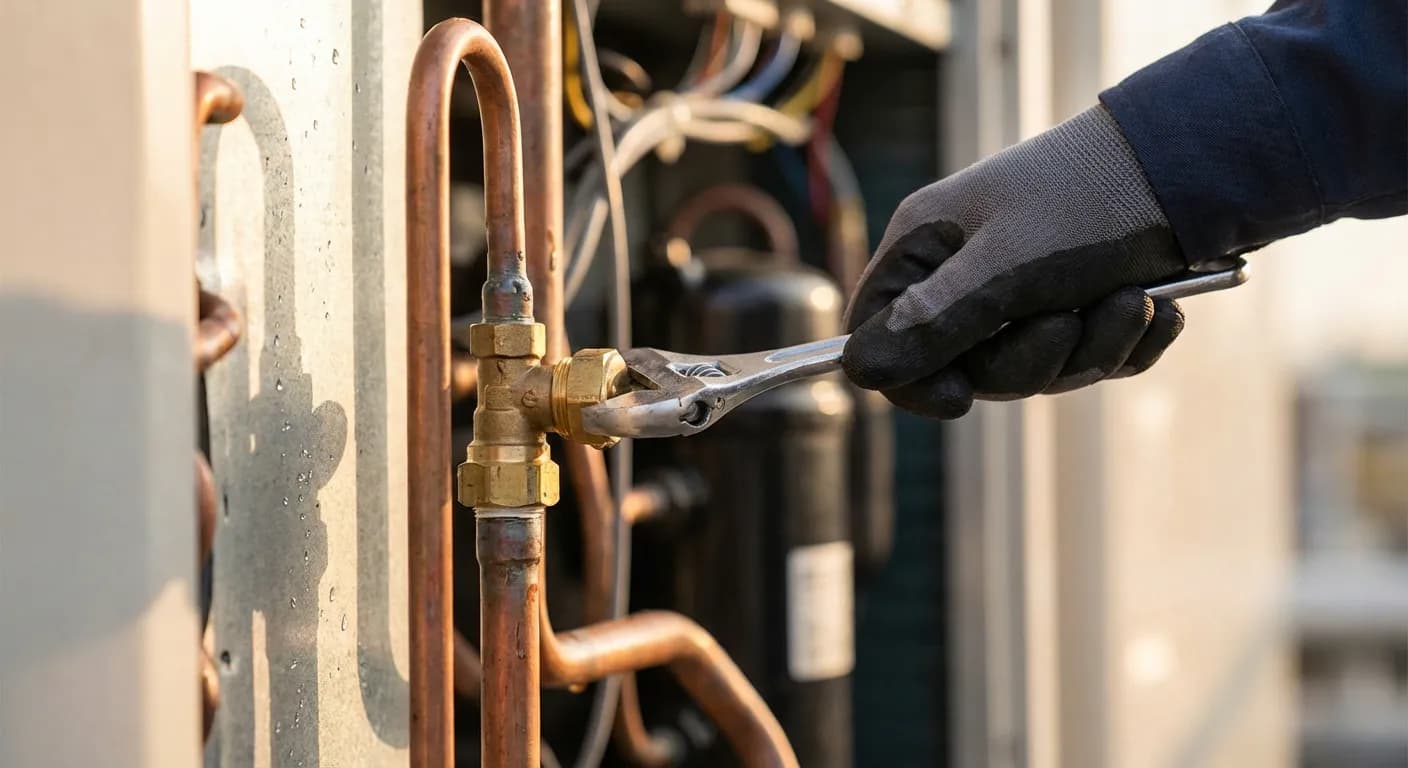 Main d'un expert effectuant le réglage de la pression sur une pompe à chaleur