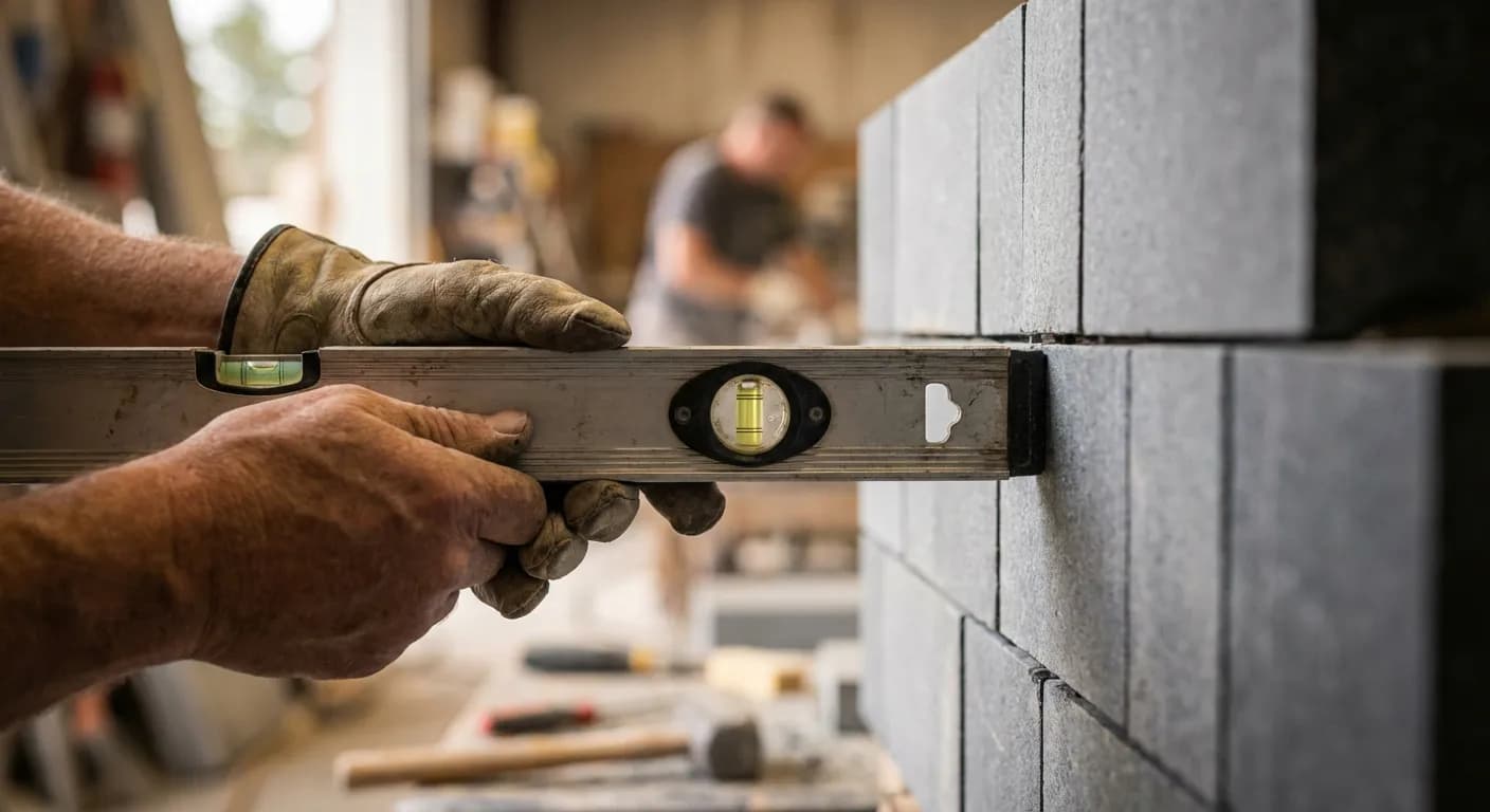 Maçon utilisant un niveau à bulle pour vérifier la verticalité parfaite d'un mur en blocs rectifiés