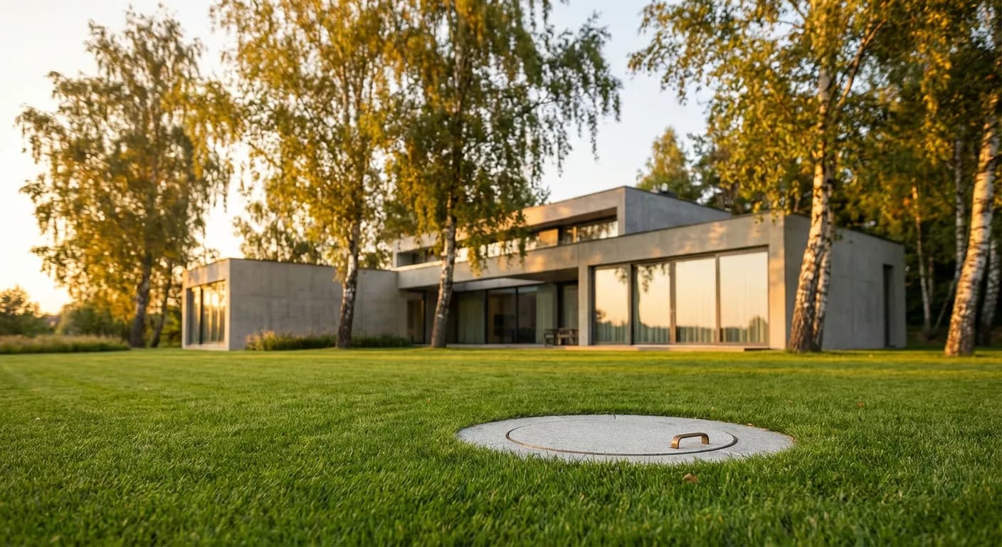 Vue cinématique d'un jardin paysager haut de gamme intégrant une solution d'assainissement Eparco.