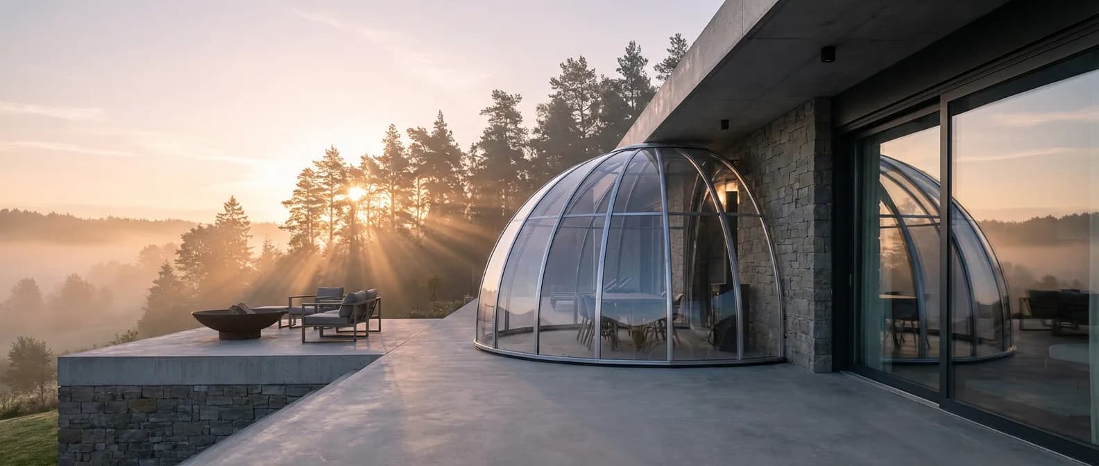 Abri Tubb-o transparent luxueux sur une terrasse de villa moderne au lever du soleil.