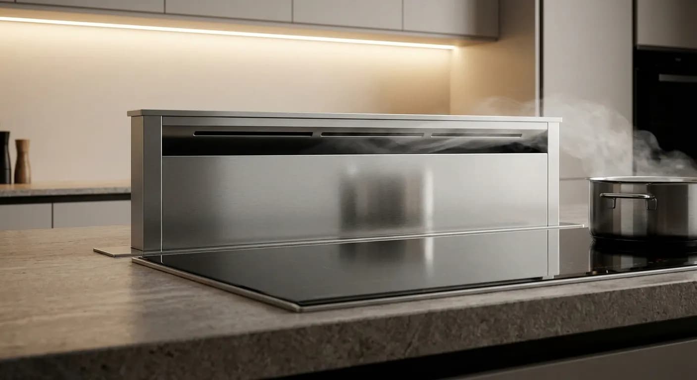 Système d'aspiration intégré sur une plaque de cuisson d'îlot central montrant l'évacuation de la vapeur.