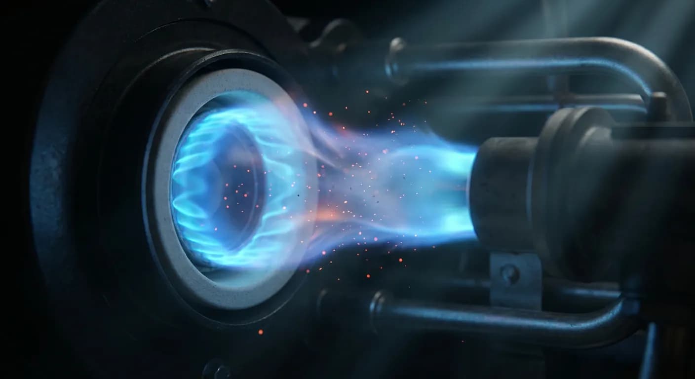 Gros plan sur la flamme bleue d'une chaudière à gaz sécurisée