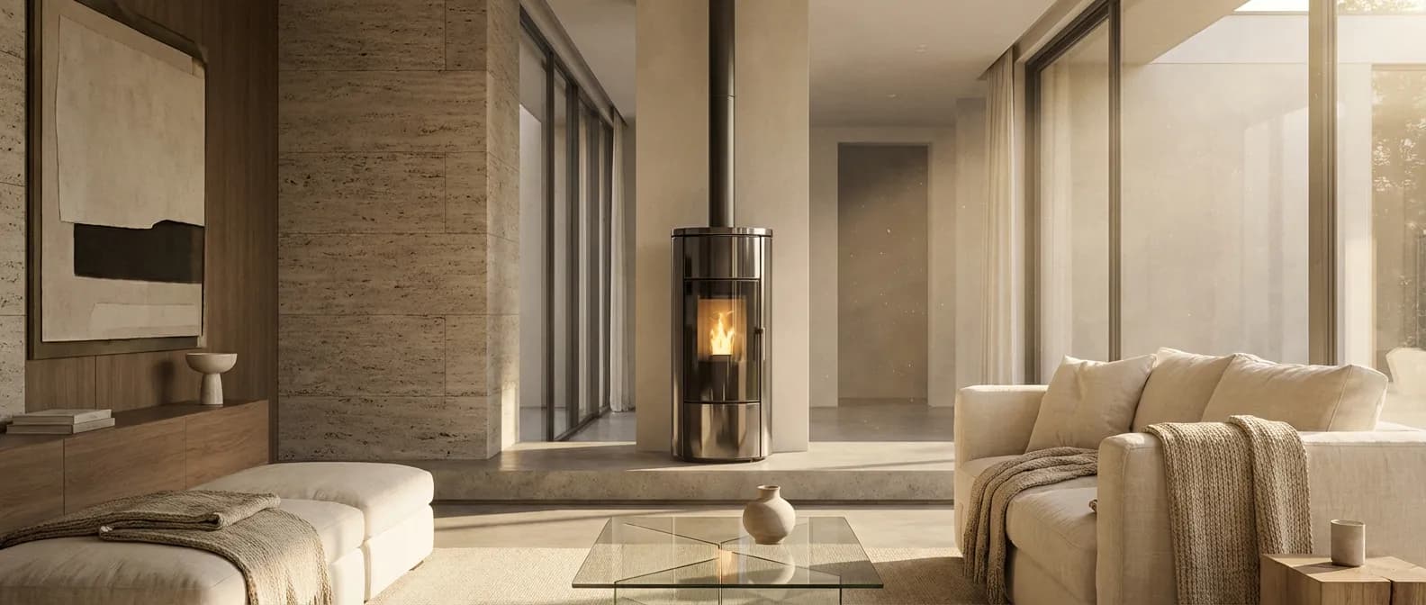 Poêle à granulés Rika moderne dans un salon luxueux avec interface tactile élégante.