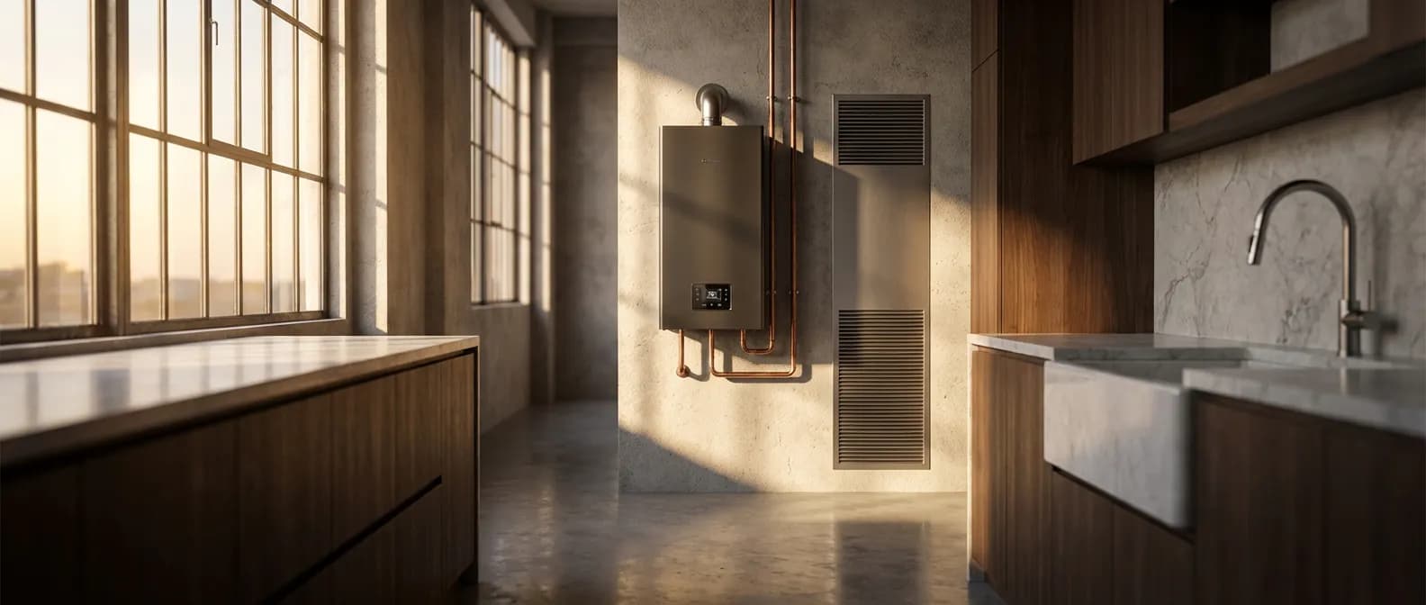 Installation moderne de VMC et chaudière gaz dans une buanderie haut de gamme