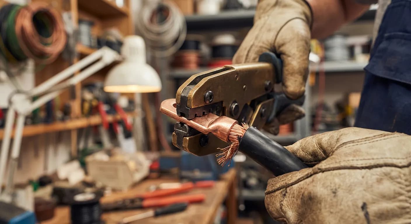 Main d'un expert réalisant la jonction technique entre un compteur et un tableau électrique