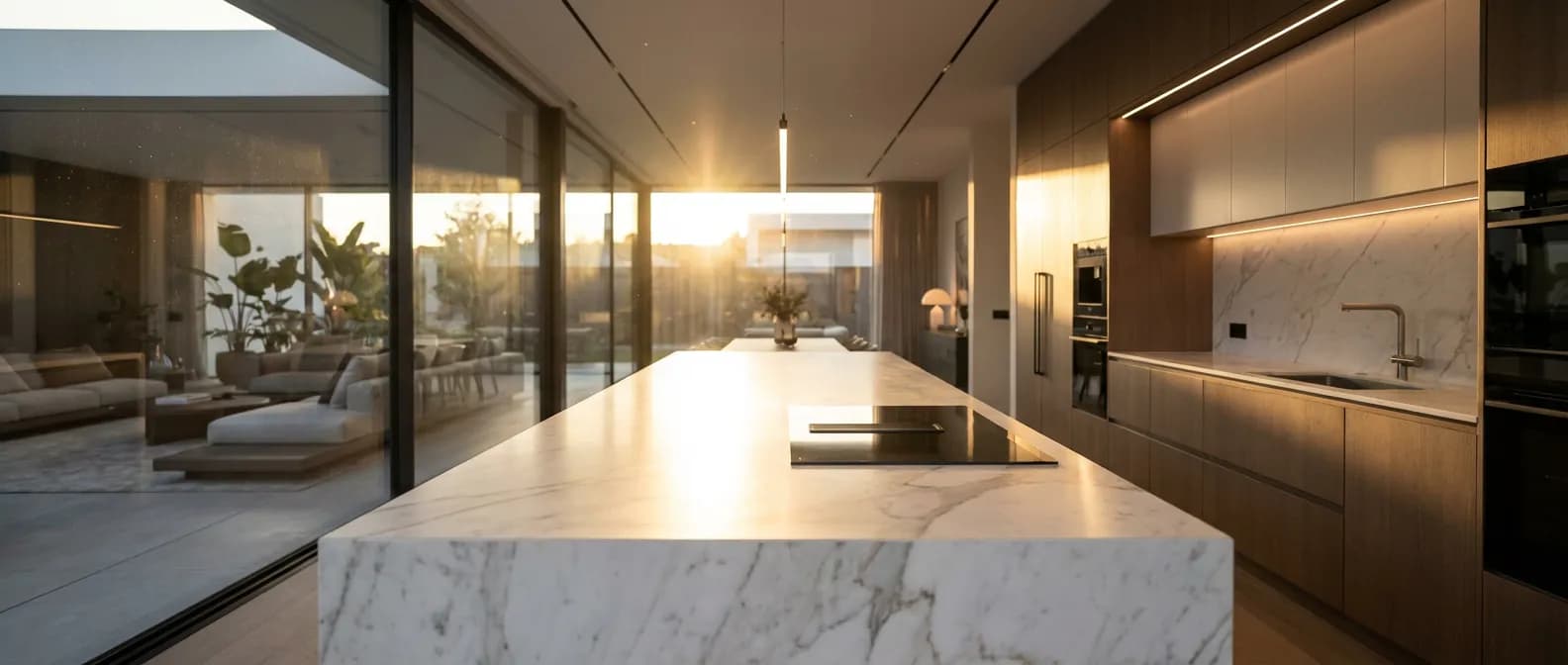 Cuisine de luxe avec îlot central en marbre et plaque de cuisson induction intégrée, éclairage naturel.