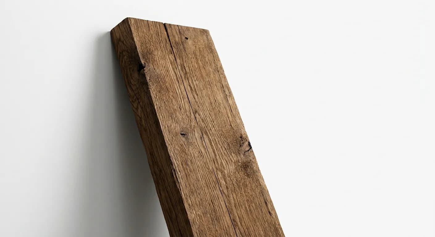 Gros plan sur une lame de lambris en bois massif devant un mur blanc.