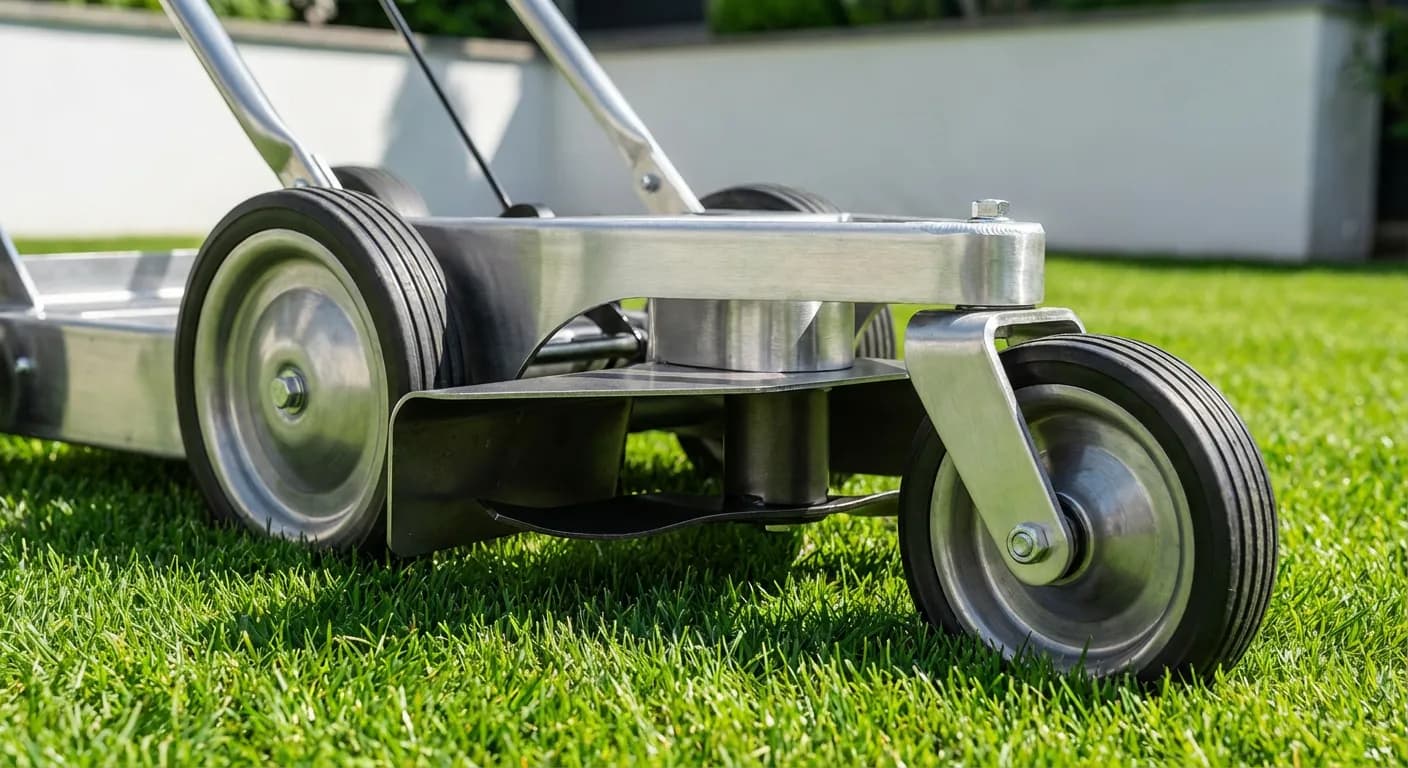 Gros plan sur le design robuste d'une tondeuse Progreen