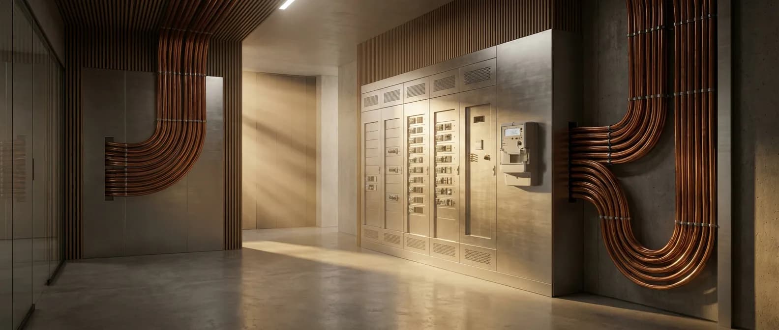 Vue cinématique d'une installation électrique moderne et professionnelle avec câblage haute puissance