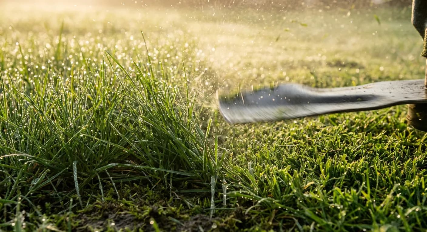 Détail macro de la précision de coupe exceptionnelle d'une tondeuse