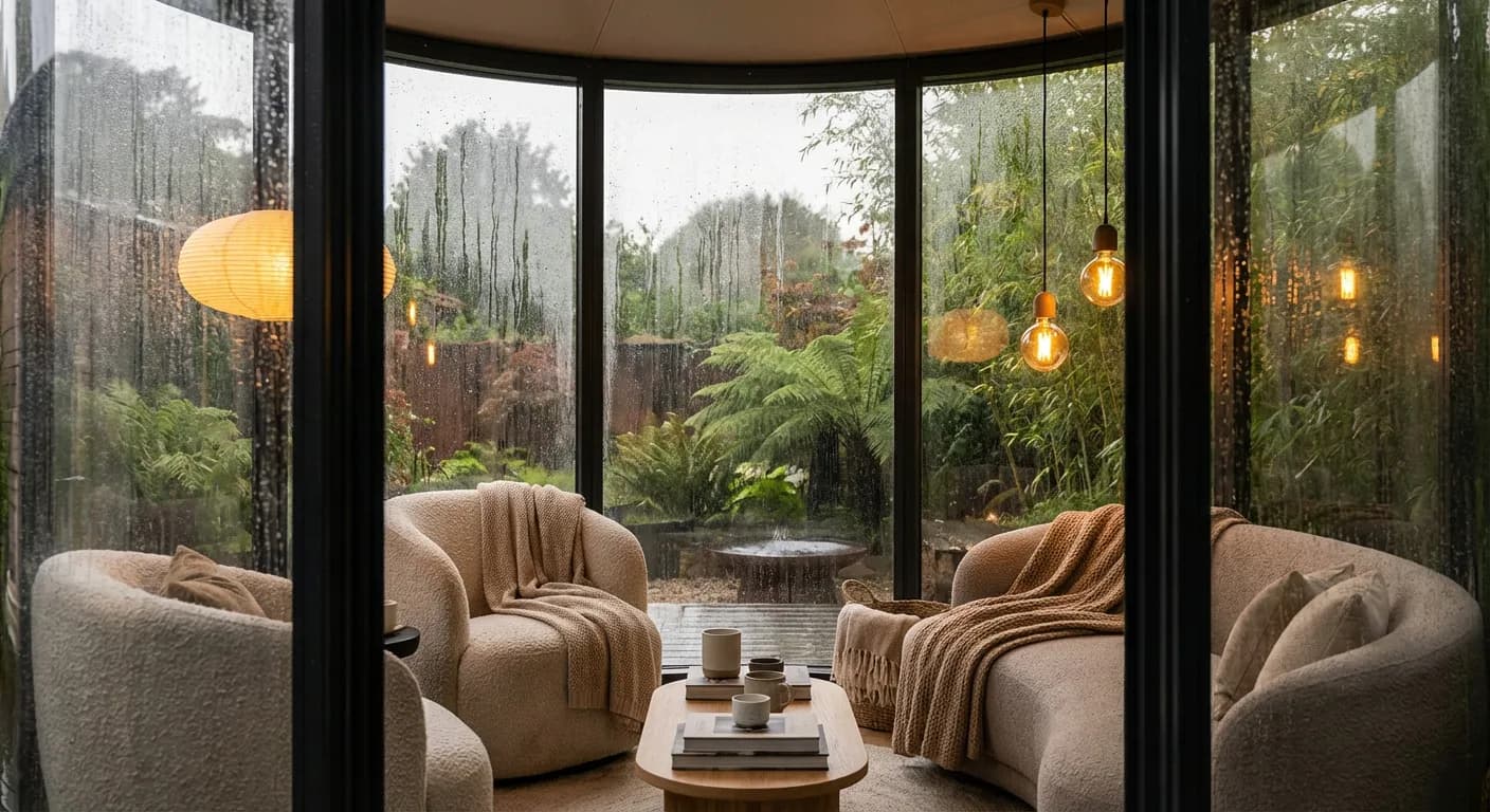 Intérieur d'un abri Tubb-o aménagé en salon de jardin confortable sous la pluie.