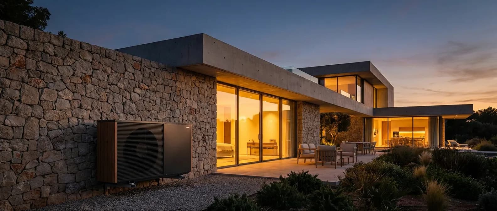 Pompe à chaleur De Dietrich Alezio installée devant une maison contemporaine luxueuse au crépuscule