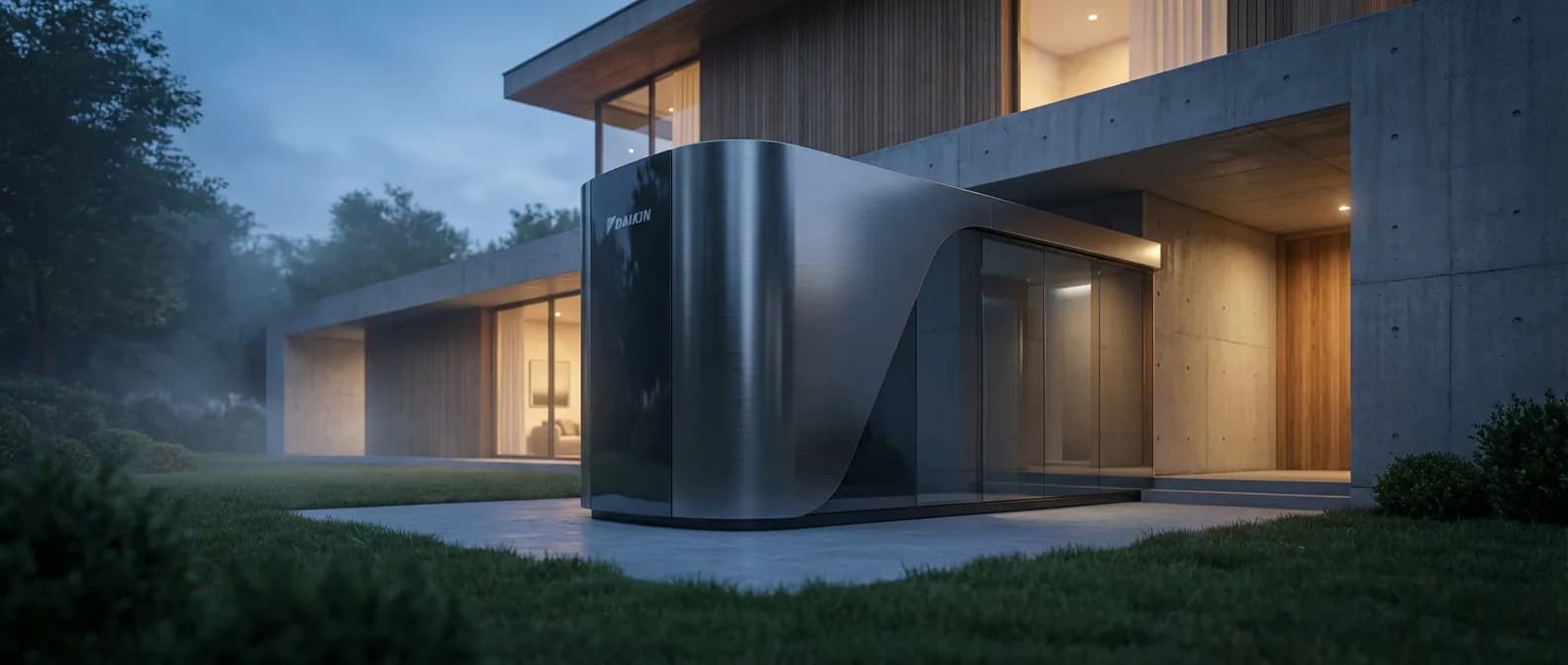 Pompe à chaleur Daikin Altherma haut de gamme installée dans une maison contemporaine au crépuscule