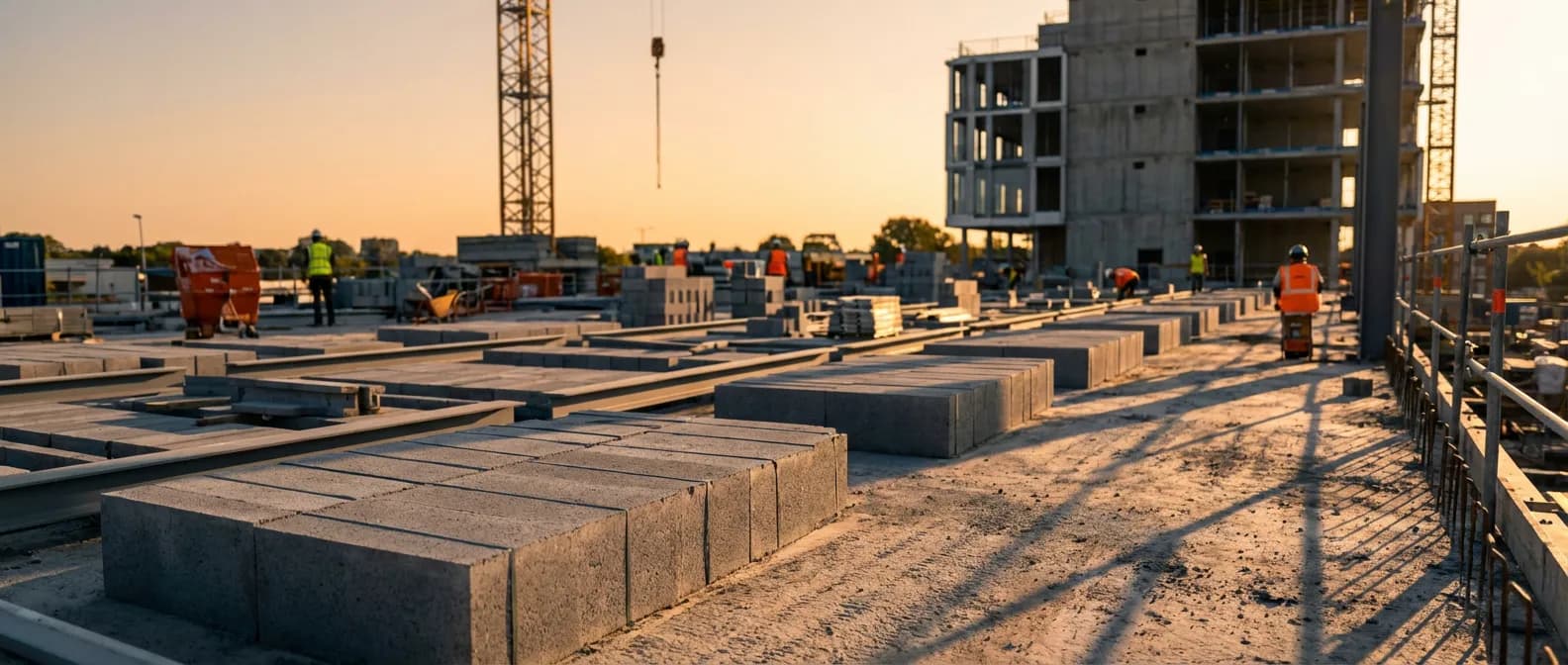 Chantier de construction moderne avec des murs en parpaings rectifiés alignés avec précision sous une lumière dorée