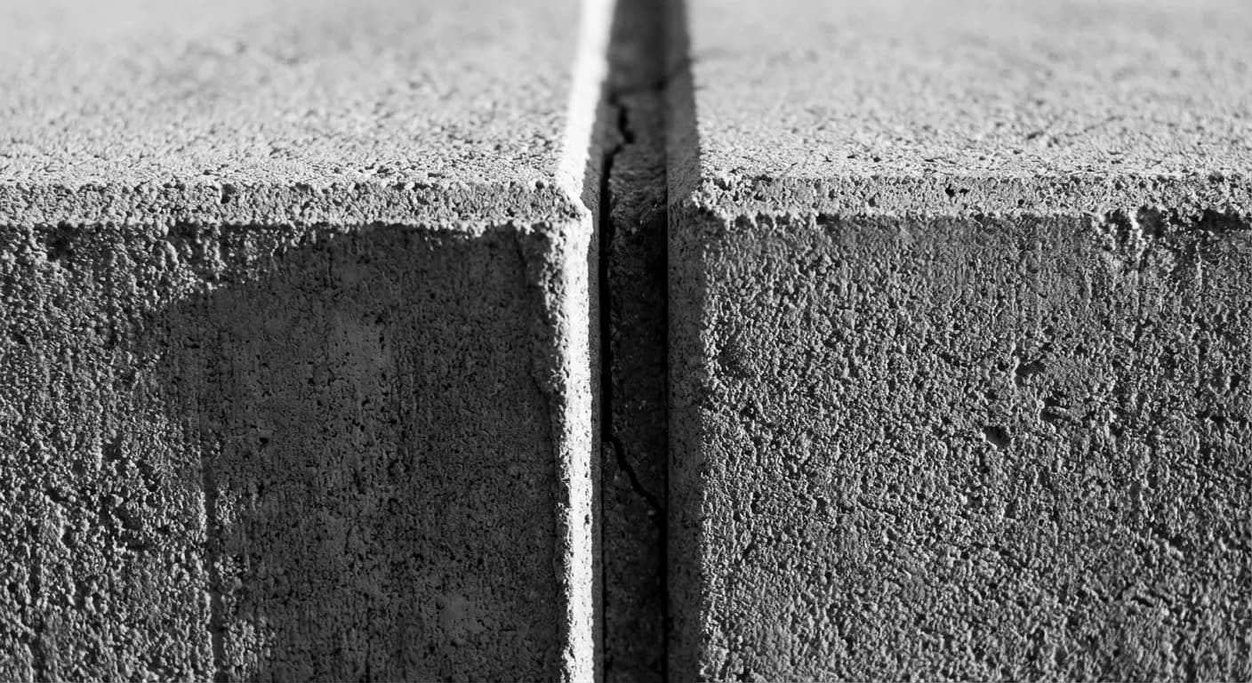 Gros plan sur l'assemblage précis et millimétré de deux parpaings rectifiés