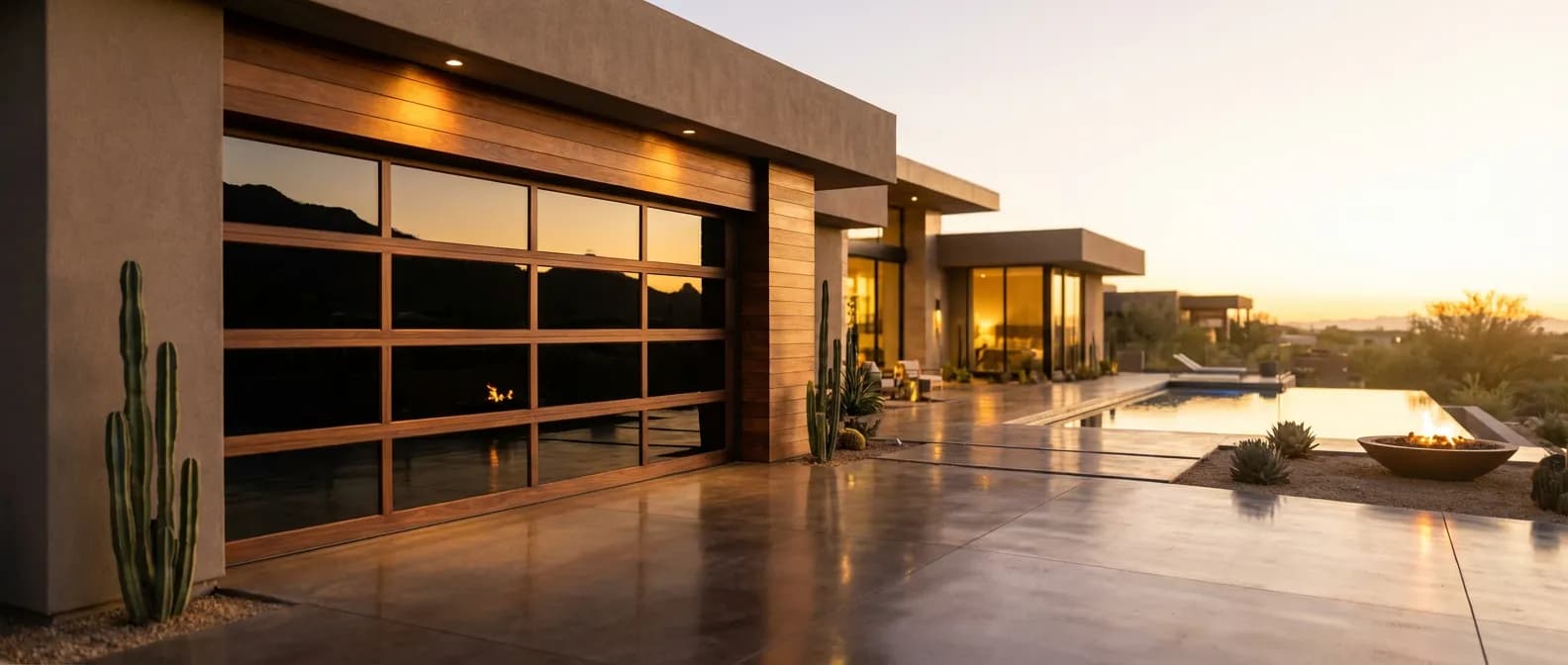 Villa moderne avec porte de garage Wayne Dalton au coucher du soleil