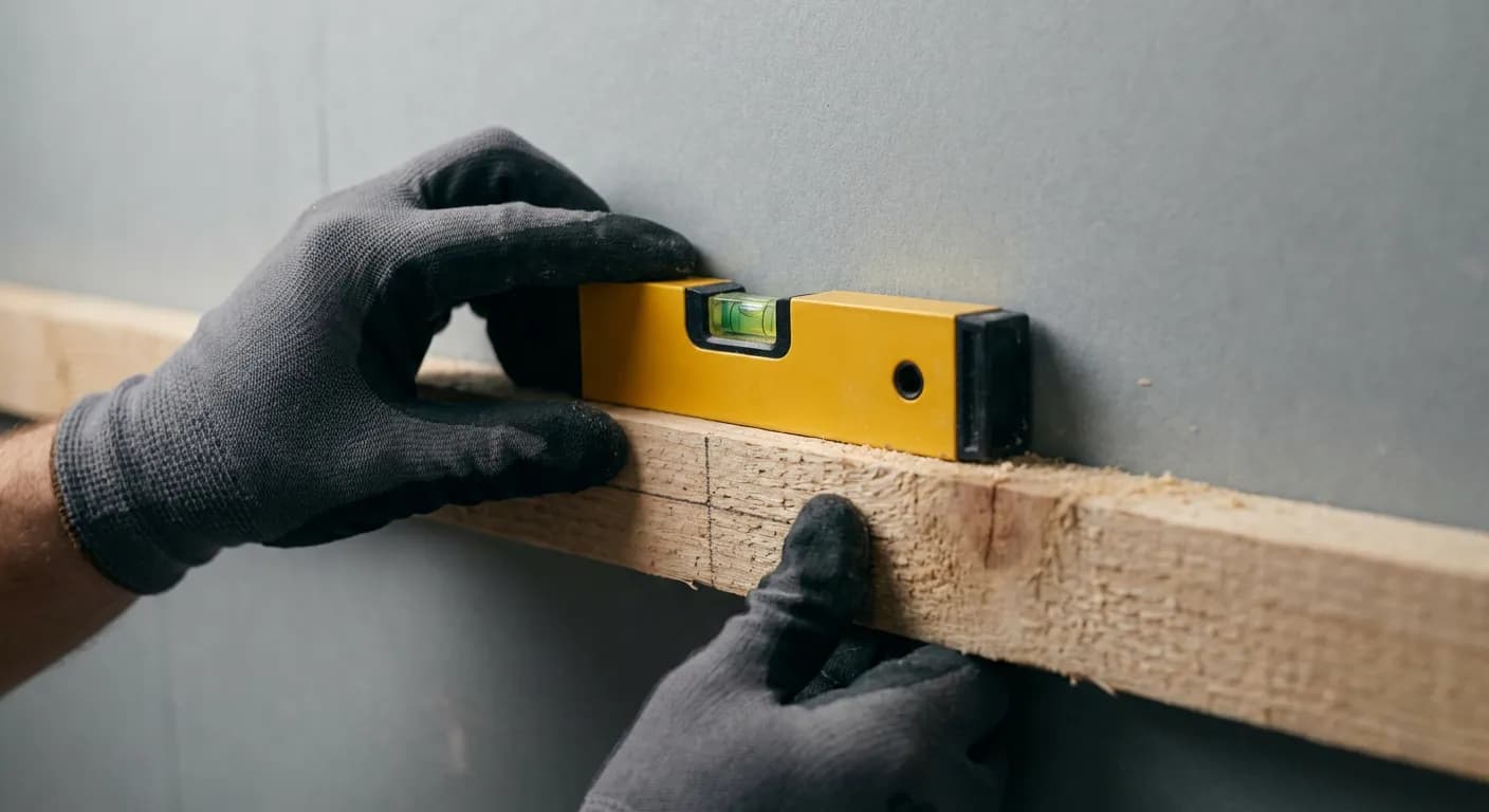 Mise en place de l'ossature pour lambris Installation technique de l'ossature en tasseaux de bois sur une cloison en plaque de plâtre.