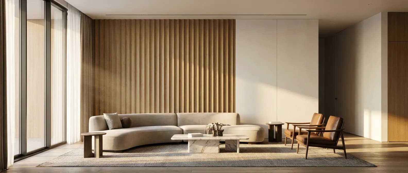 Design intérieur : alliance du lambris et du placo Salon moderne avec pose élégante de lambris bois sur un mur en placo, éclairage naturel chaleureux.