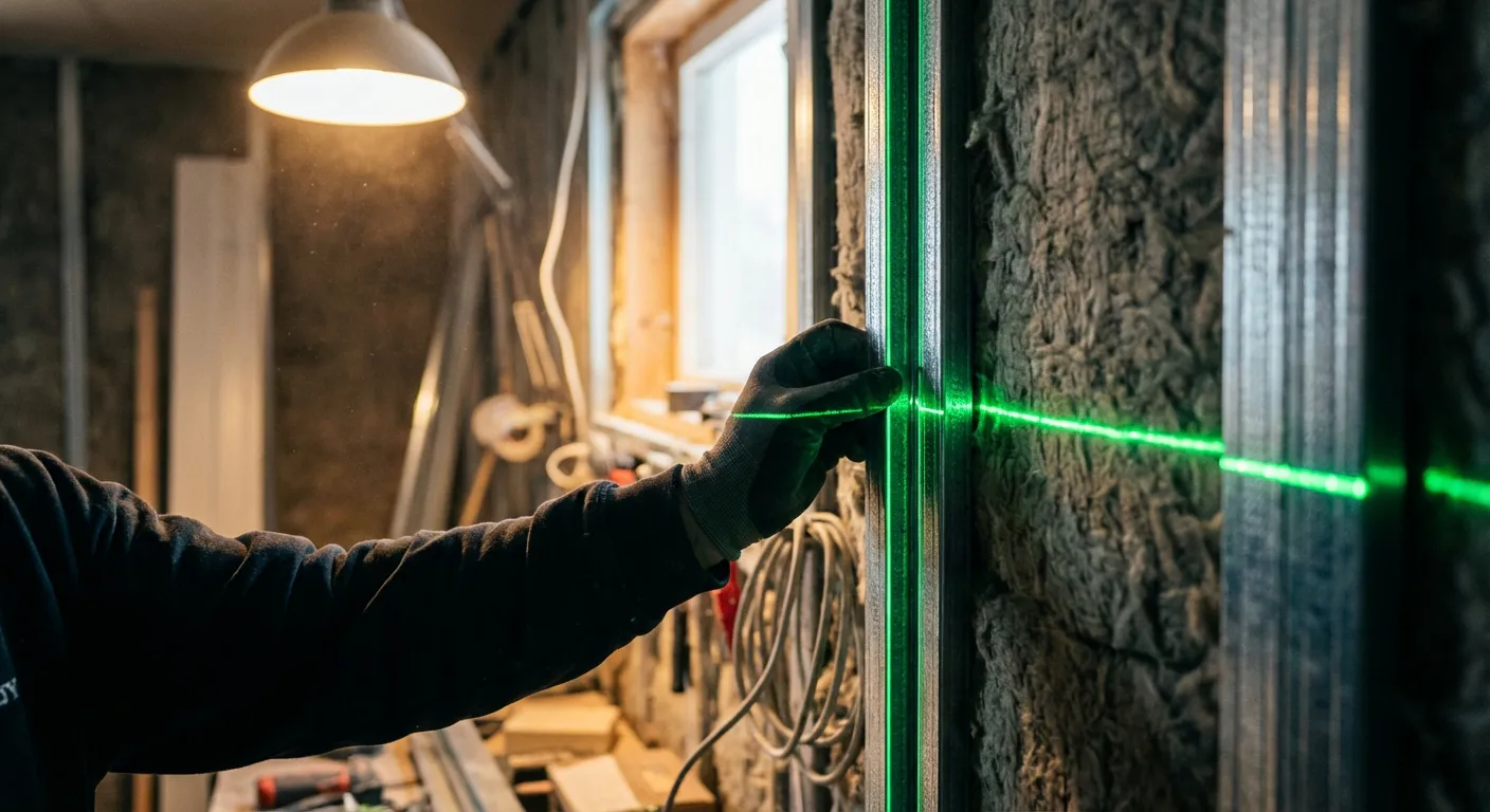 Installation professionnelle d'une ossature métallique avec niveau laser pour une isolation parfaite
