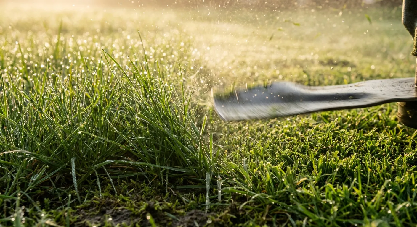 Détail macro de la précision de coupe exceptionnelle d'une tondeuse