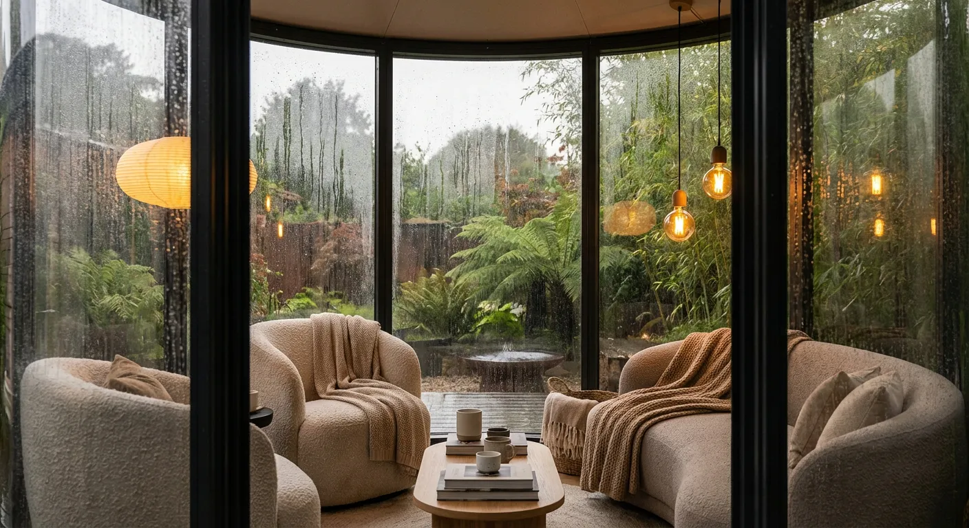 Intérieur d'un abri Tubb-o aménagé en salon de jardin confortable sous la pluie.