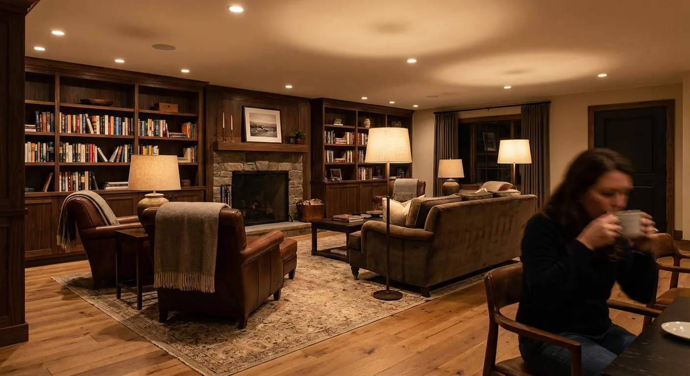 Aménagement luxueux d'un sous-sol transformé en espace de vie chaleureux.