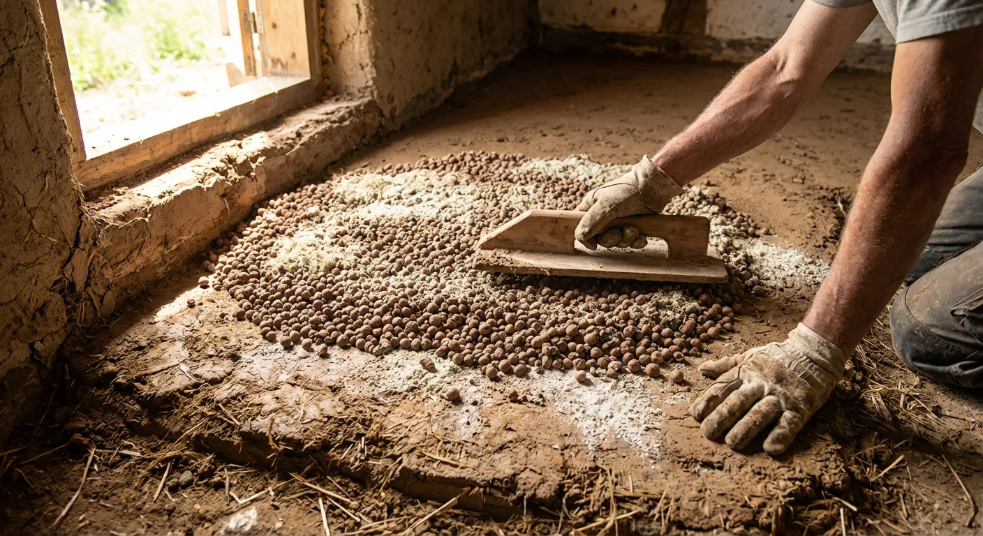 Installation d'une isolation thermique en billes d'argile sur terre battue