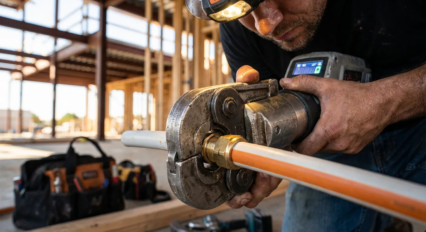 Artisan plombier réalisant le sertissage d'un raccord multicouche