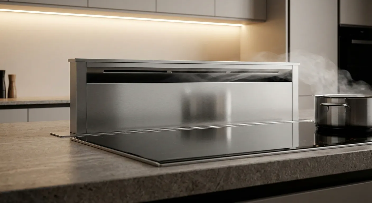 Système d'aspiration intégré sur une plaque de cuisson d'îlot central montrant l'évacuation de la vapeur.